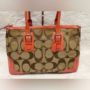 RARE Coach Hampton Signature Satchel- Khaki & Coral Leather Trim